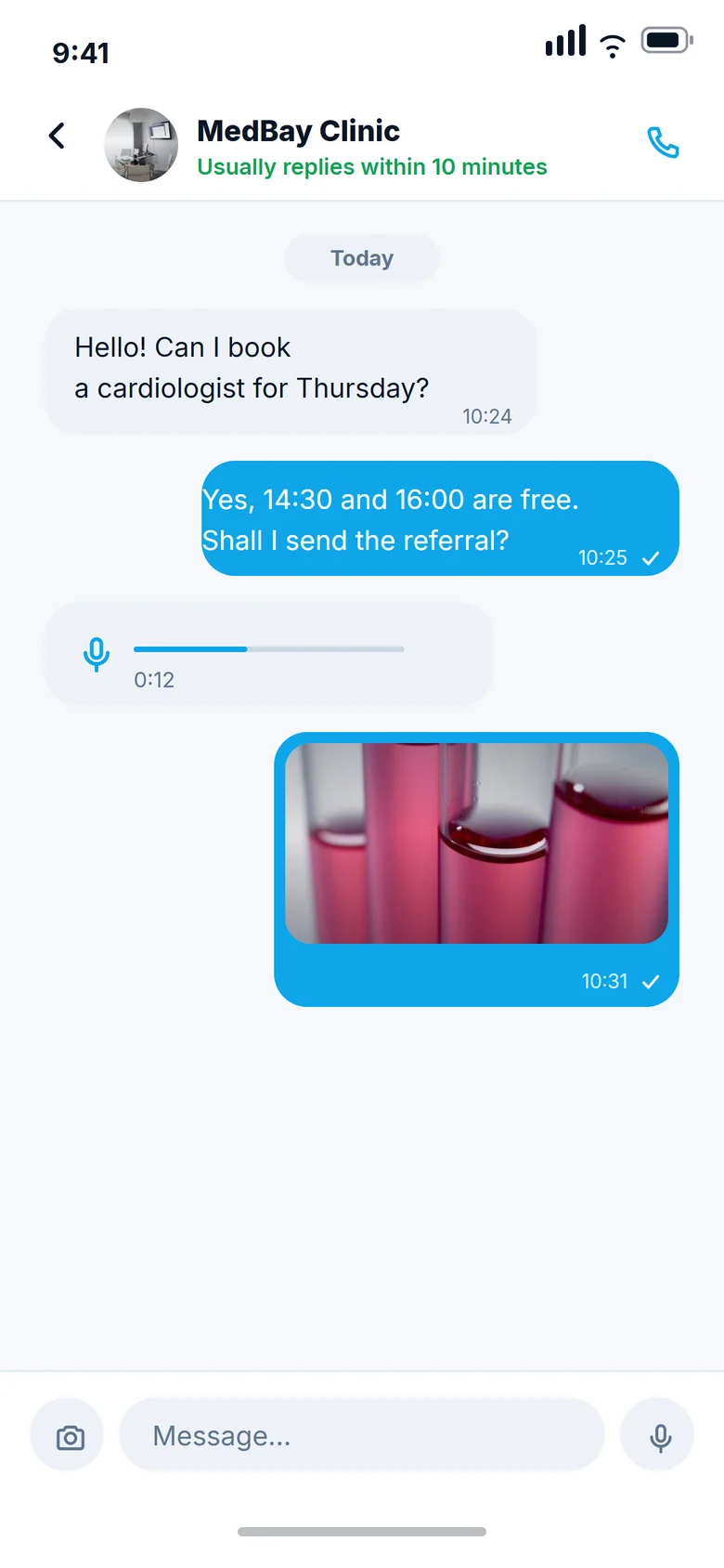 Chatting with a clinic in the Medicore app